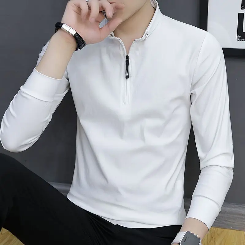 Stylish Stand Collar Solid Color Zipper Korean T-Shirt Men\'s Clothing 2022 Autumn New Oversized Casual Pullovers Loose Tee Shirt