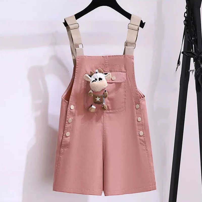 Cute Cow Doll Decoration Girls Overalls Summer New Solid Color Children\'s Bib Shorts Baby Girl Casual Loose Suspenders Shorts