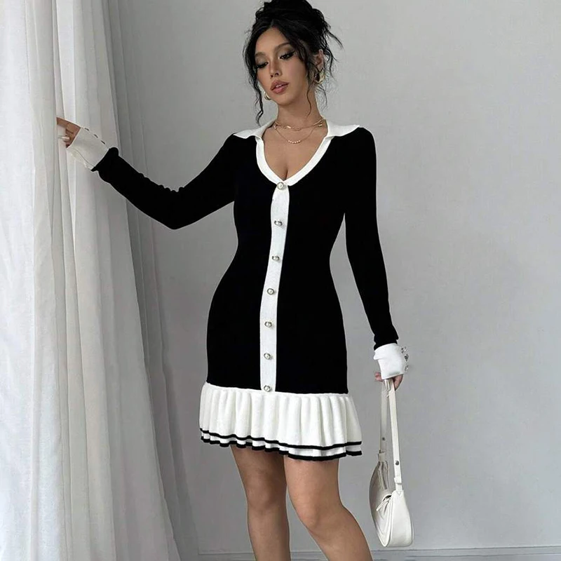 

Ticketsx Ruffled Bow Knit Mini Dress Women's Backless Contrast Cardigan Lace-Up Elegant Dress Female Knitwear Bandage Dresses