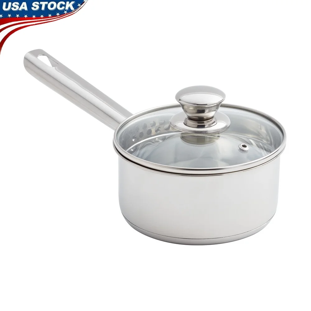 Cacerola de acero inoxidable segura para horno con tapa coladora, 1 qt, apta para lavavajillas, Compatible con inducción, tapa de vidrio resistente al calor, duradera