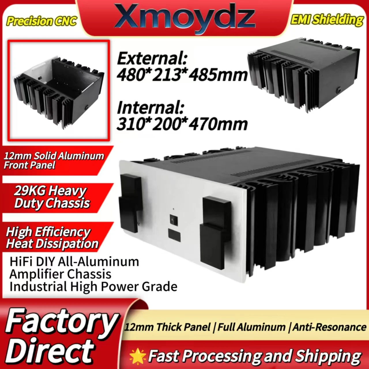 

480*213*485mm HiFi DIY Aluminum Amplifier Chassis Enclosure Case Industrial Heavy Duty Heat Dissipation Inner Size 310*200*470mm