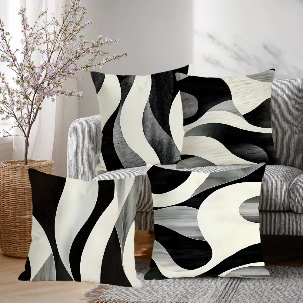Juego  4 Fundas  Almohada con Patrón  Curvas Abstractas - Estampado Plano 2D, Diseño Simple y Morno, (Sin Relleno Inclui