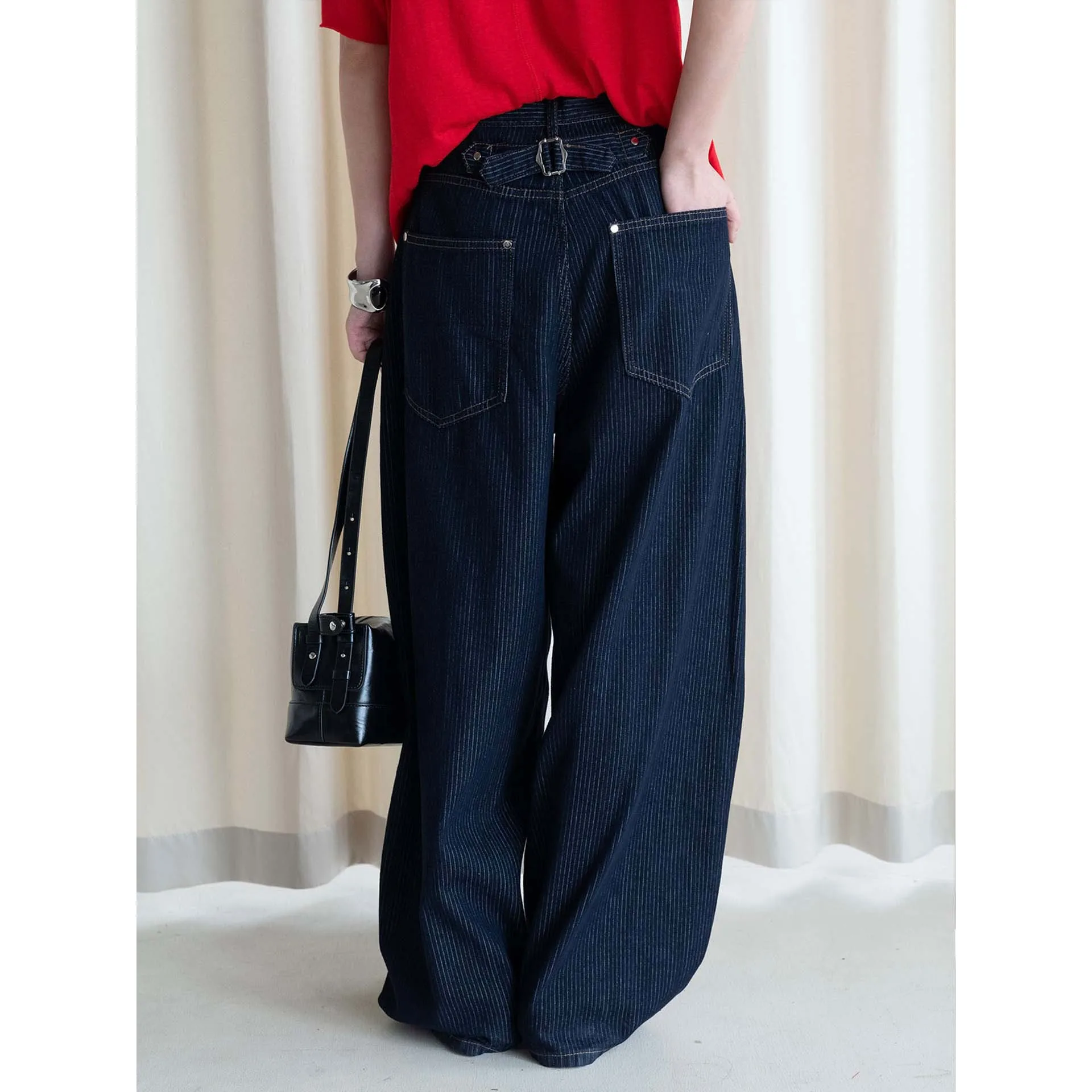 FANAN Women Dark Pinstripe Wide Leg Jeans High Waist Oversized Baggy Loose Denim Trousers Vintage Striped Streetwear Pants