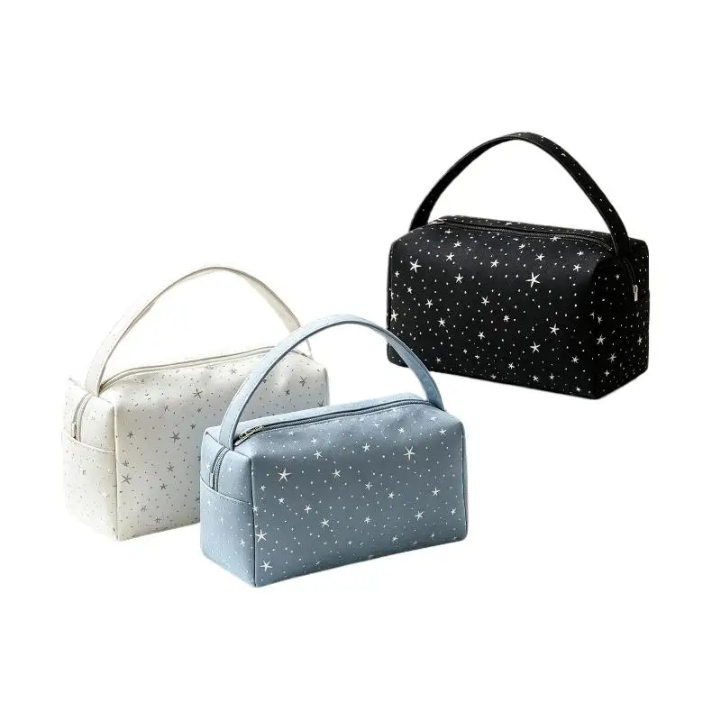 New Large Capacity Nylon Makeup Bag Cute Star Pattern Portable Handle Cosmetic Storage Pouch For Travel Daily Use
