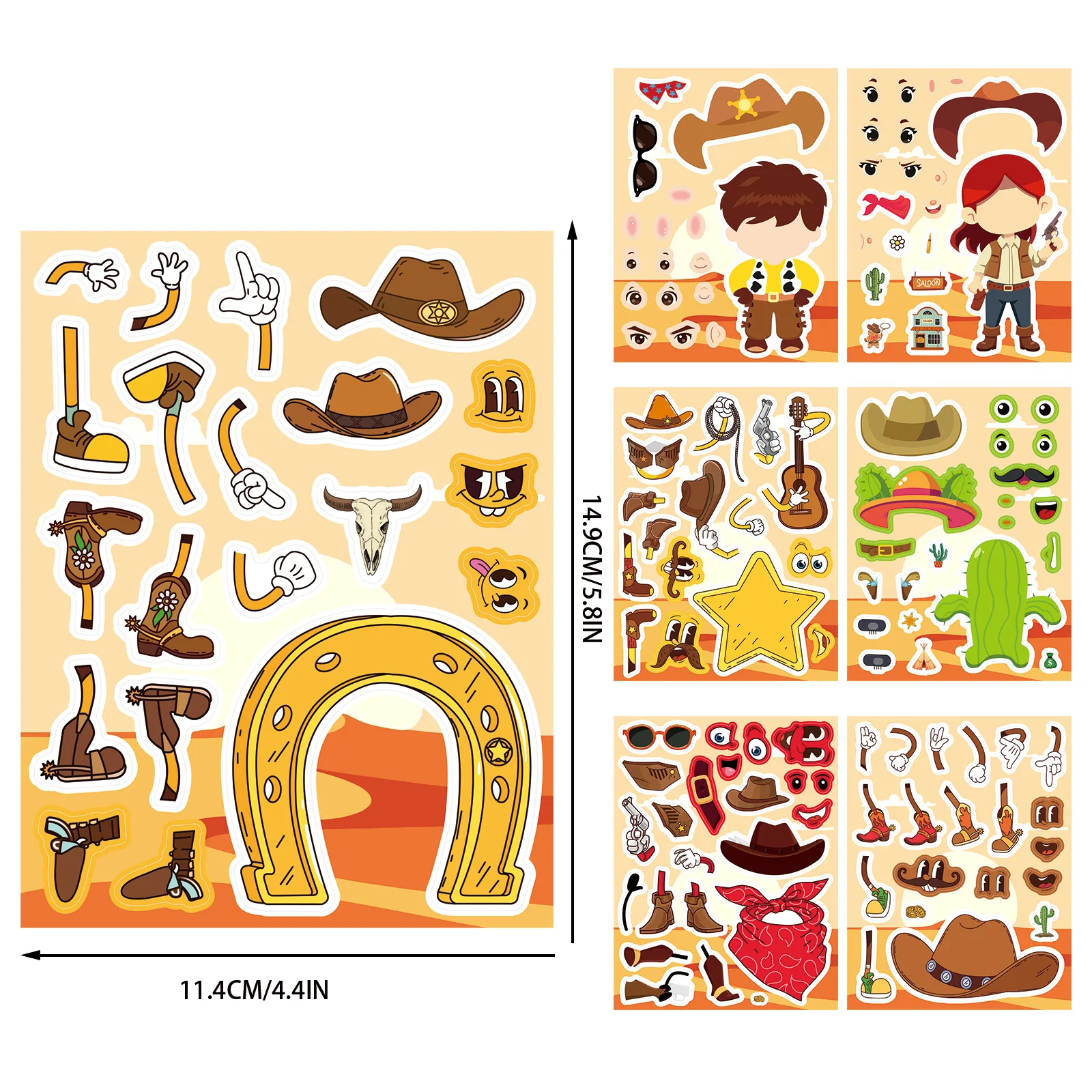 8Sheets Wild Western Cowboy Dress Up Stickers Make A Face Sticker Game DIY Scrapbook Journal Party Favor Craft DIY Decoration