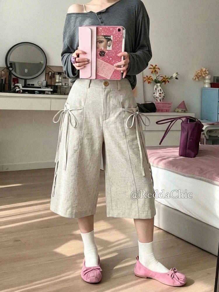 ReddaChic Women's Linen Lounge Shorts Summer Work Draped Baggy Soft Comfy Low Rise Strappy Pockets Bermuda Pants Beach Bottoms