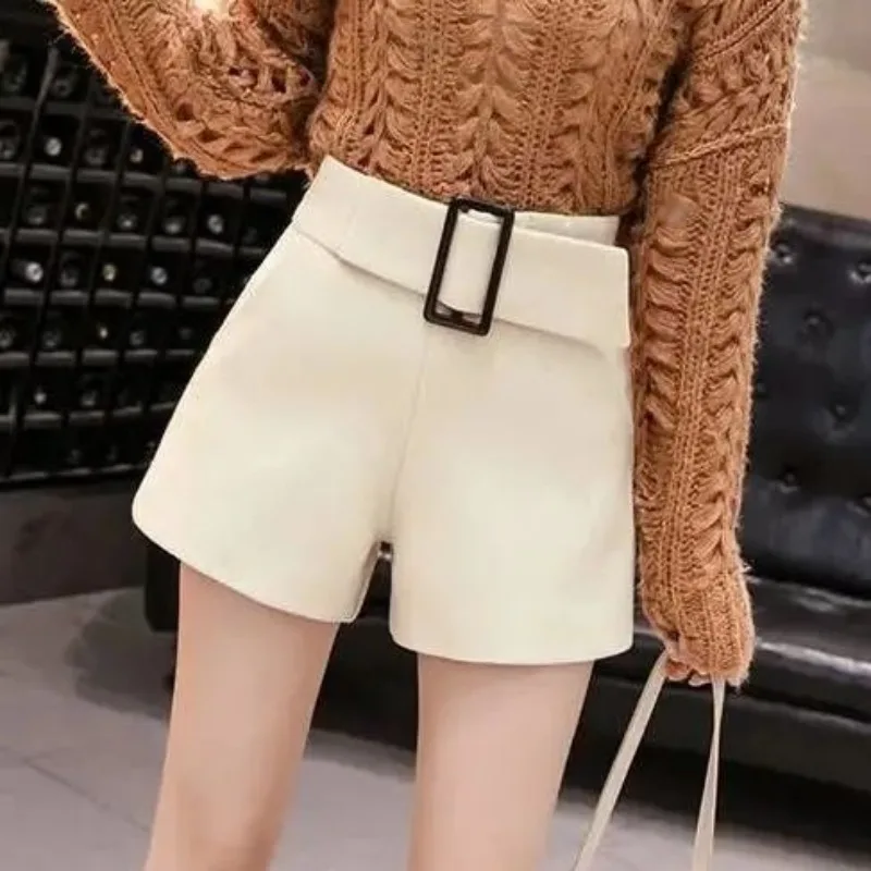 Women\'s High Waisted Elastic Woolen Autumn Winter 2024 New Solid Color Sashes Button Wide Leg Pants Loose Pockets Casual Shorts