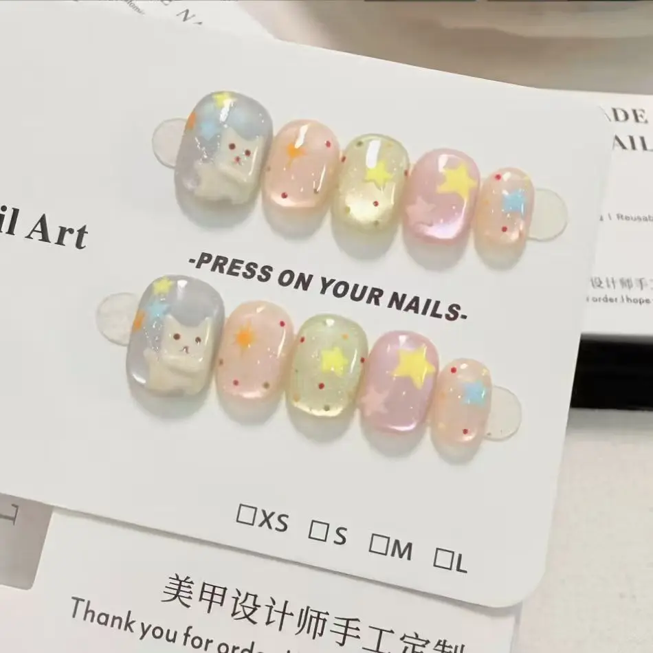 10pc Kawaii Press on Nails Handmade Glass Bead Cat Eye Design Cute Fake Nails with Colored Star Polka Dot Wearable Nail Art