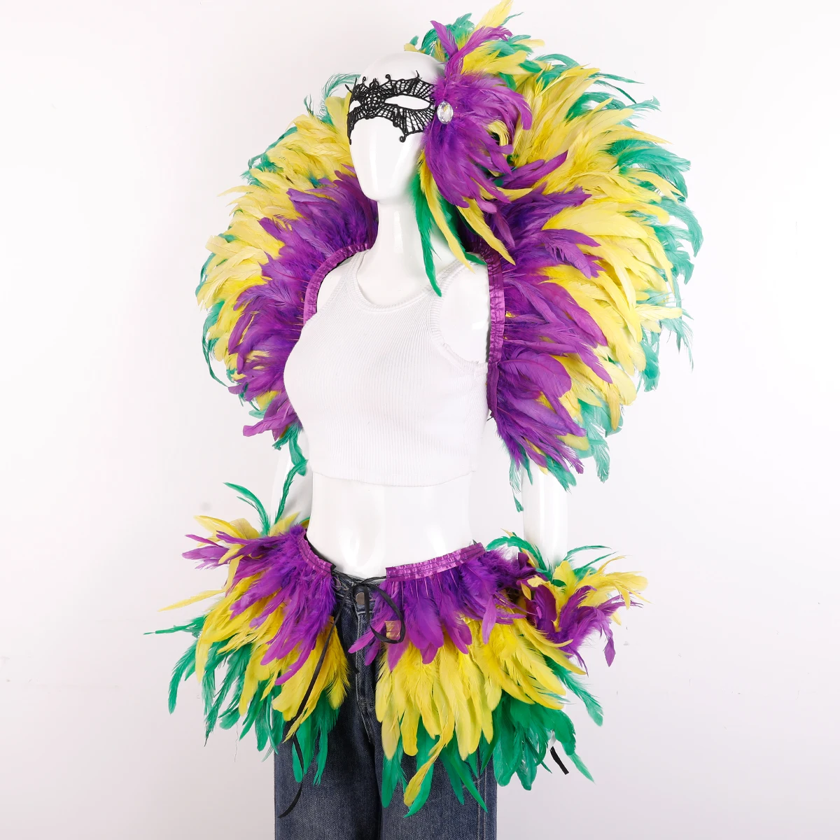 carnival-feather-skirt-shawl-mask-cuffs-four-piece-halloween-costume-party-stage-performance-props-and-accessories