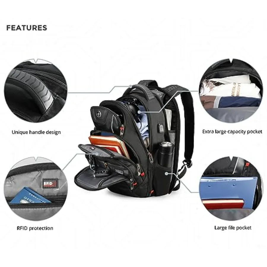حقيبة ظهر للكمبيوتر المحمول للرجال بتصميم Swissdigital للسفر الجامعي والأعمال مع منفذ شحن USB متكامل وحماية RFID