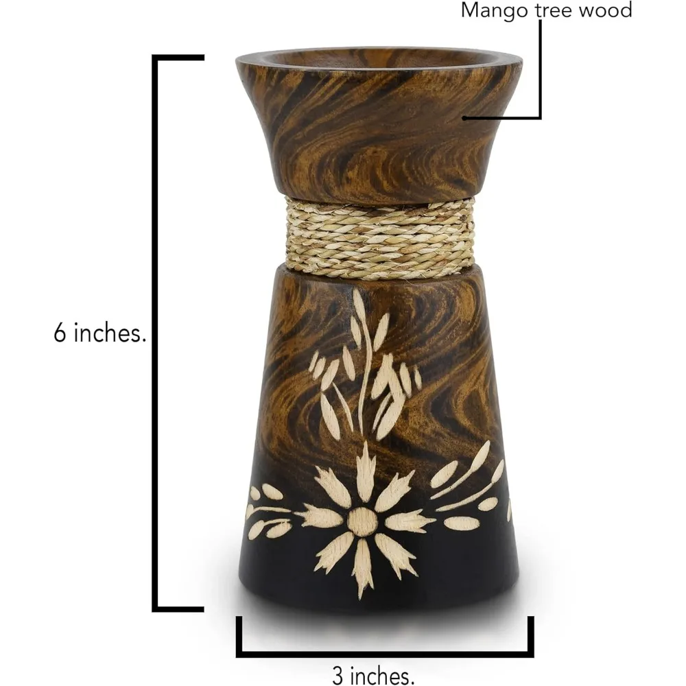 مزهرية مستطيلة مصنوعة يدويًا من خشب شجرة المانجو مقاس 6 بوصات |   مزهرية خشبية ريفية لسطح الطاولة