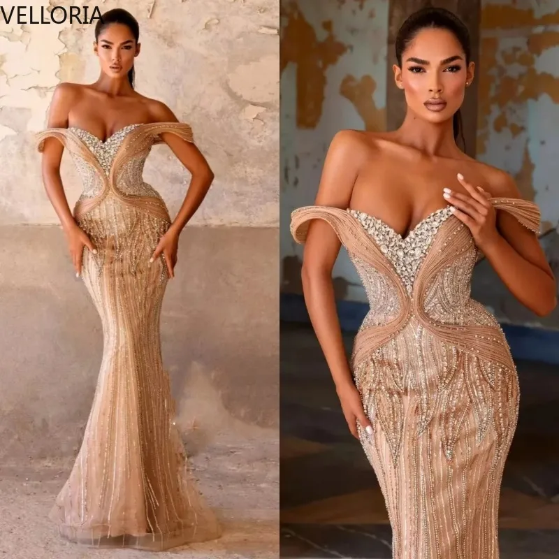 

Elegant Off The Shoulder Evening Dresses Sexy Sequined Beaded Mermaid Prom Dress Customized Crystal Floor Length Party Gown
