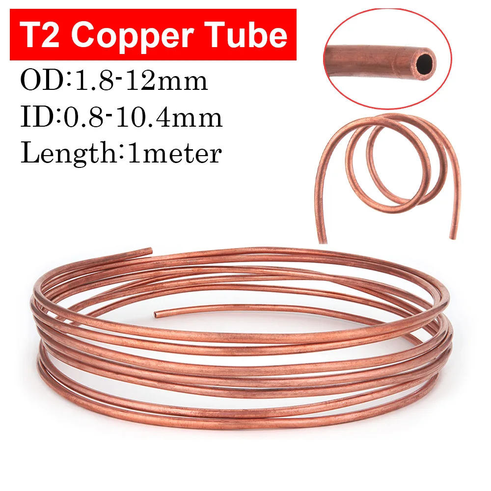 1Meter T2 Copper Soft Copper Tube Coil OD 1.8~12mm ID 0.6~10.4mm 99.9%Pure Coppers Wire Pipe Airs Conditioner Cooling DIY Crafts