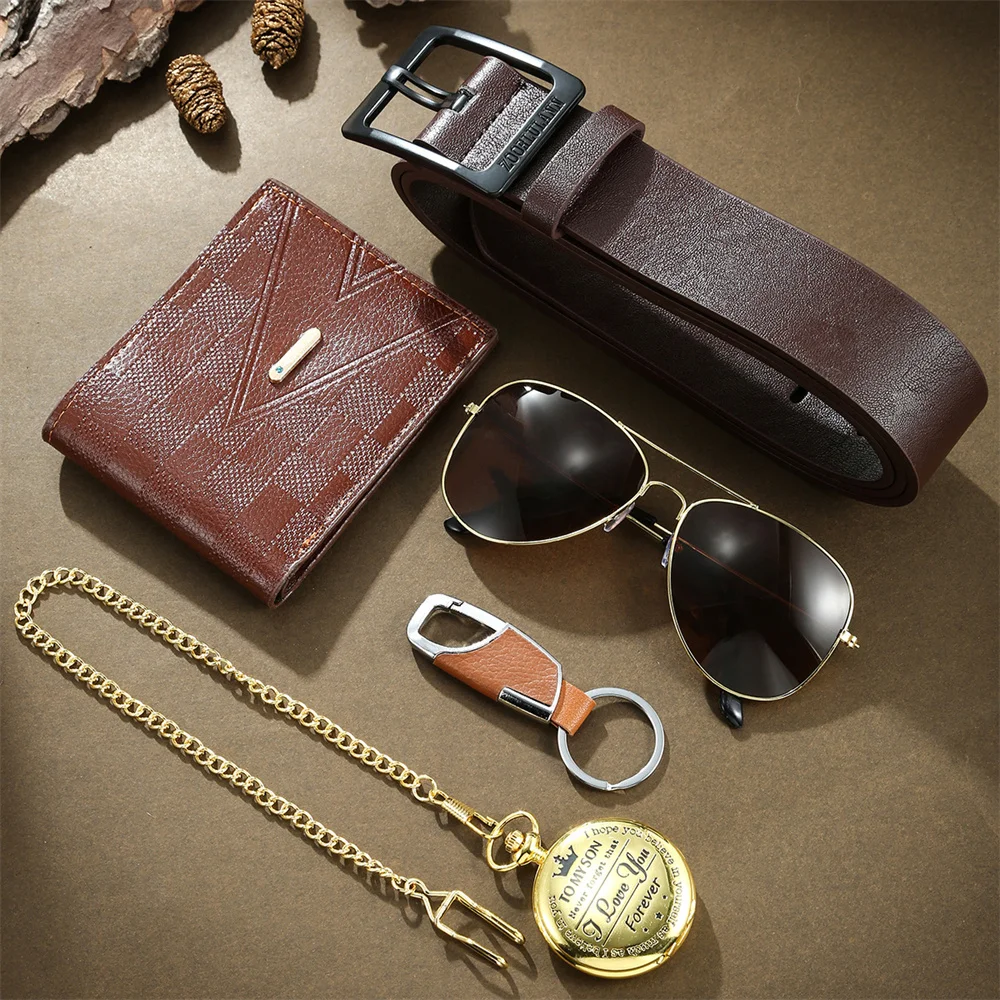 New Mens Gift Box Set Gold Pocket Watch Keychain Sunglasses Belt and Wallet Set for Men Boyfriend Dad Husband to My Son Gifts