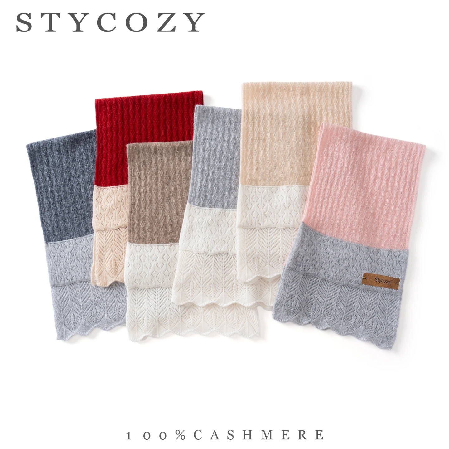 Women 100%Cashmere Knitted Scalloped Wave Edge Scarf Hollow Perforated Cross Tie Wesp Autumn Winter Neck Collar Daily Outfit