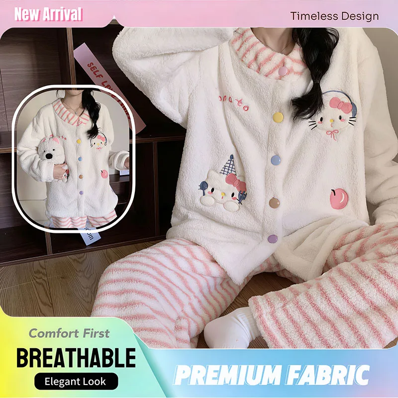 

Sanrio Hello Kitty Pajamas Set Striped Sherpa Fleece Fleece Lined and Thickened Winter Women's Girls Loose Warm Home Loungewear