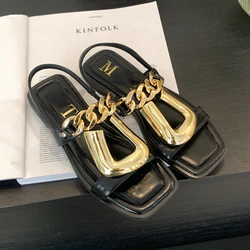 Metal Chain Flat Sandals Women Fashion Designer Sandals Female Casual Non-slip Square Toe Open Toe Roman Summer Slippers Women