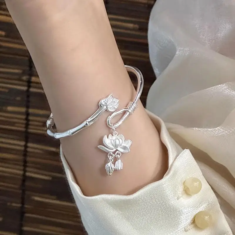 

New Style Pure Silver Lotus Bracelet for Women Bamboo Knot Good Luck Lotus Valentine's Day Gift for Girlfriend