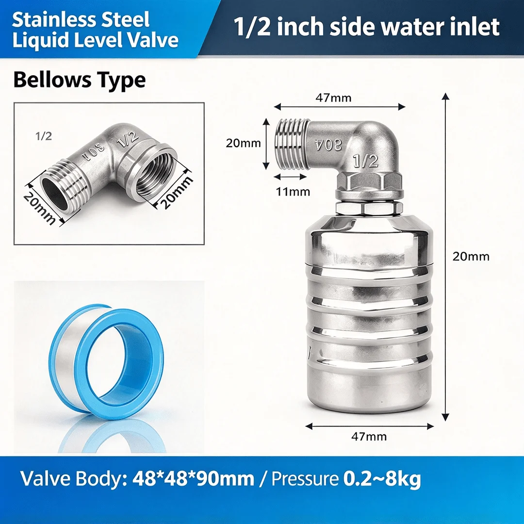 304 Edelstahl Automatisches Wasserstandskontroll-Schwimmerventil 1/2“ 3/4“ Automatische Abschaltung Mini-Schwimmerventil Ohne Stromversorgung Automatischer Wasserstandregler für Wassertanks und -türme – Detail 3