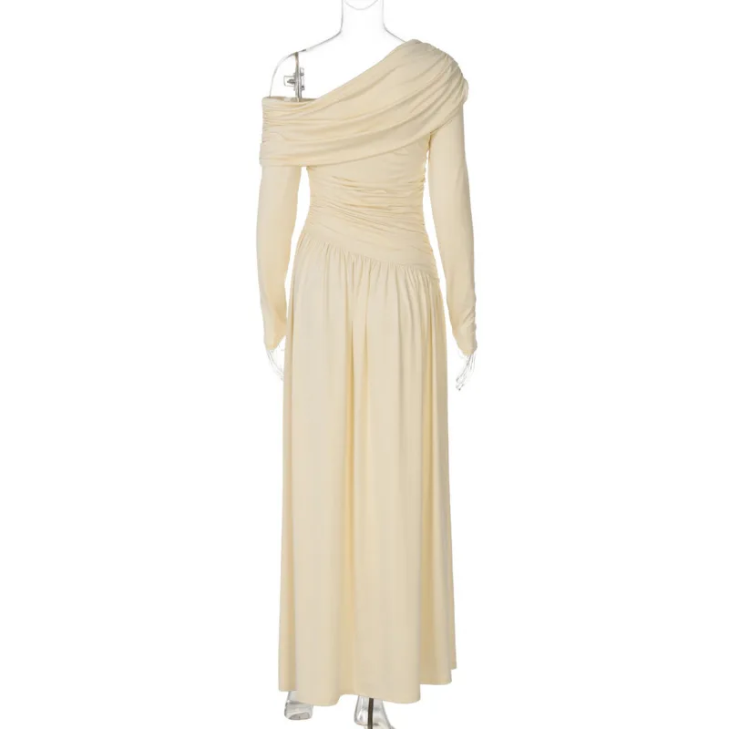 HKSH Frühling Sommer Neue frauen Kleid Asymmetrische Off-schulter Lange Ärmel Plissee Slim Fit Einfarbig Elegante Kleider HK17226