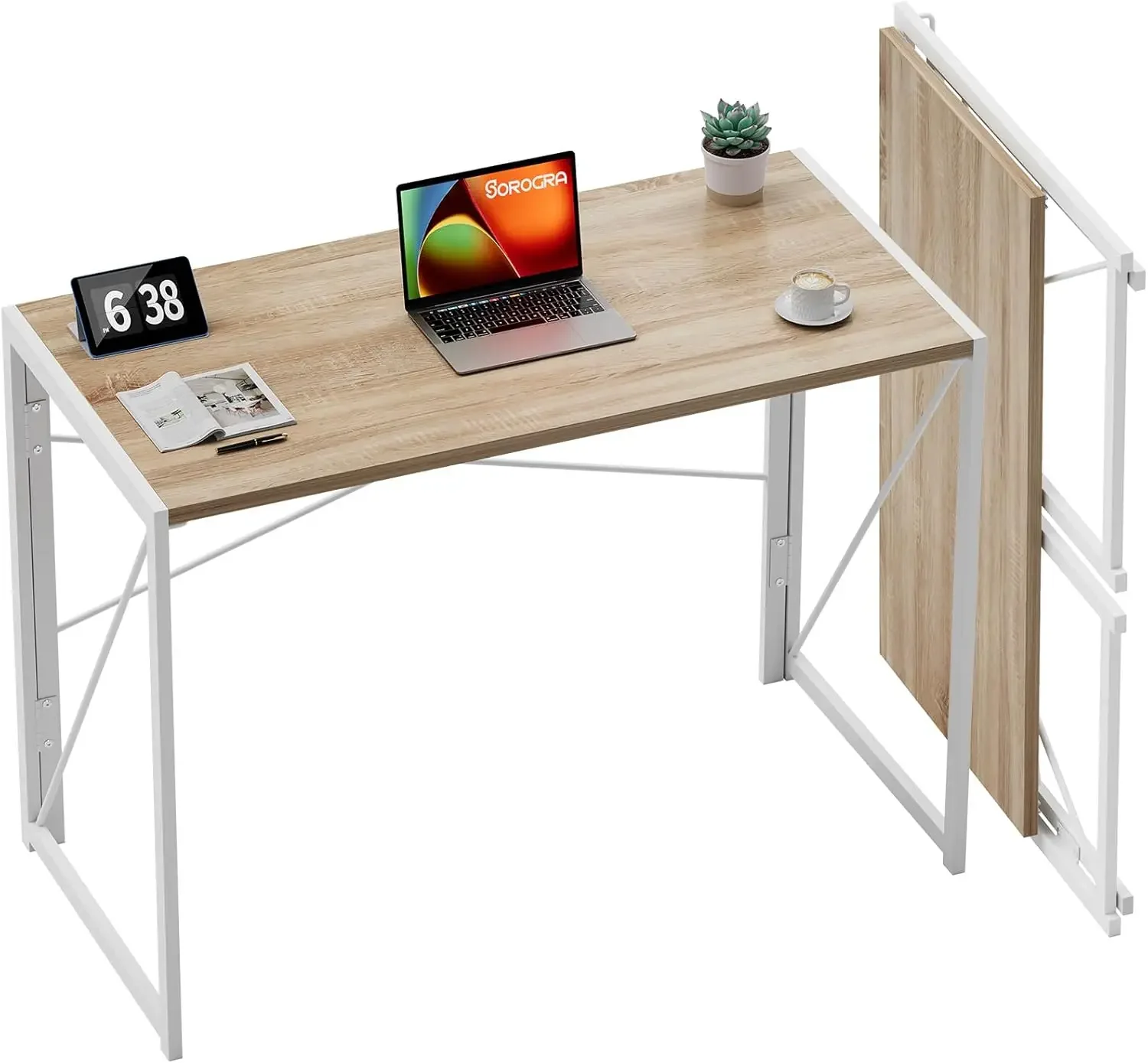 39.4 inch Folding Desk No Assembly Required, Writing Computer Desk Space Saving Foldable Table Simple Home Office Desk, W