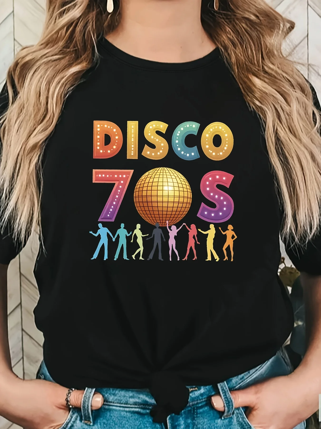 Women Retro Disco Tee Nostalgic Dance Silhouette Print Black Short Sleeve Round Neck Party Top Machine Washable
