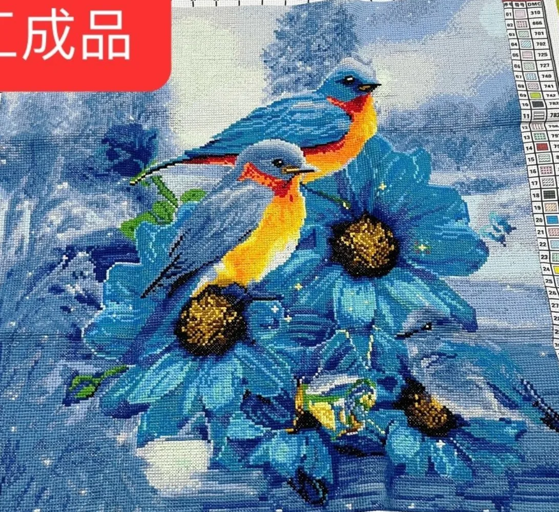 

[finished product] Handmade cross stitch finished product with blue bird full embroidery 70 * 66 cm