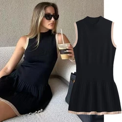 Maxdutti And Elegant Color Blocking Sleeveless Slim Mini Tank Vestidos Fashionable Dress Women Minimalist Black Knitted Dress