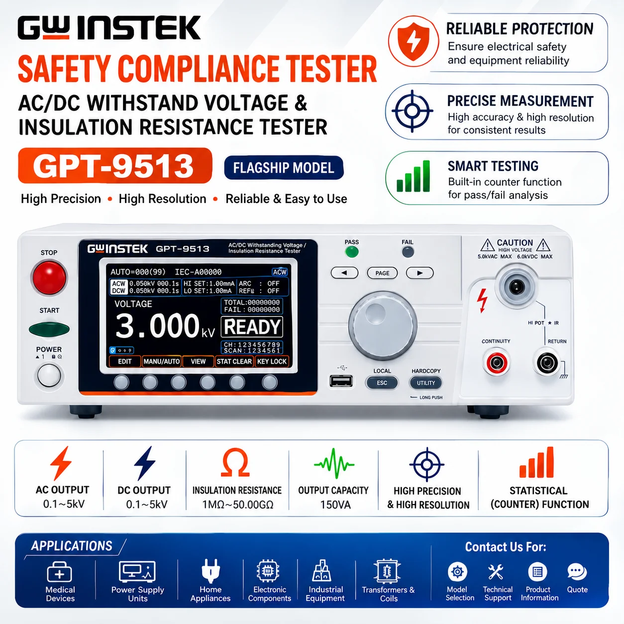 GW Instek GPT-9503 GPT-9513 Hipot Safety Tester, Insulation Resistance & AC/DC Withstand Voltage Analyzer