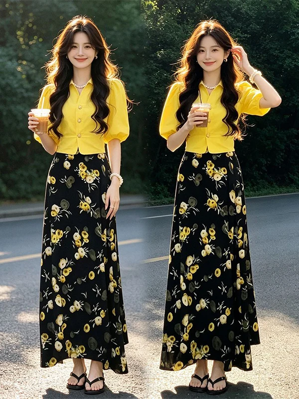 Elegant Floral Print Half-Skirt Set Women's Fashion Yellow Shirt Top And Skirt Two-Piece Suit Bubble Sleeve V-Neck Casual Style