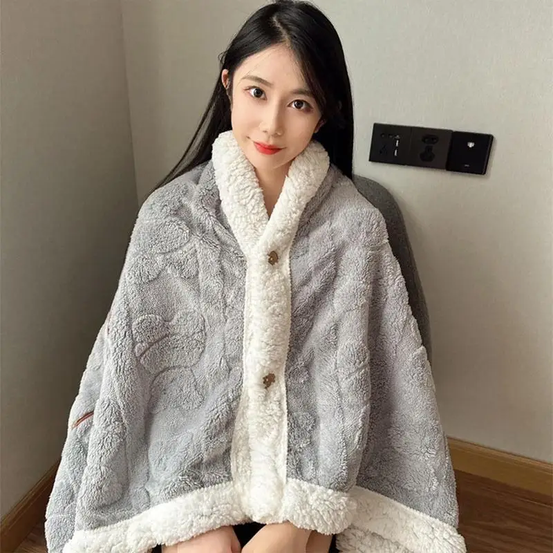 Wearable Shawl Blanket Flannel Comfy Poncho Throw Lap Blanket With Buttons Comfy Foldable Shawl Cozy Warm Thick Blanket For Bed