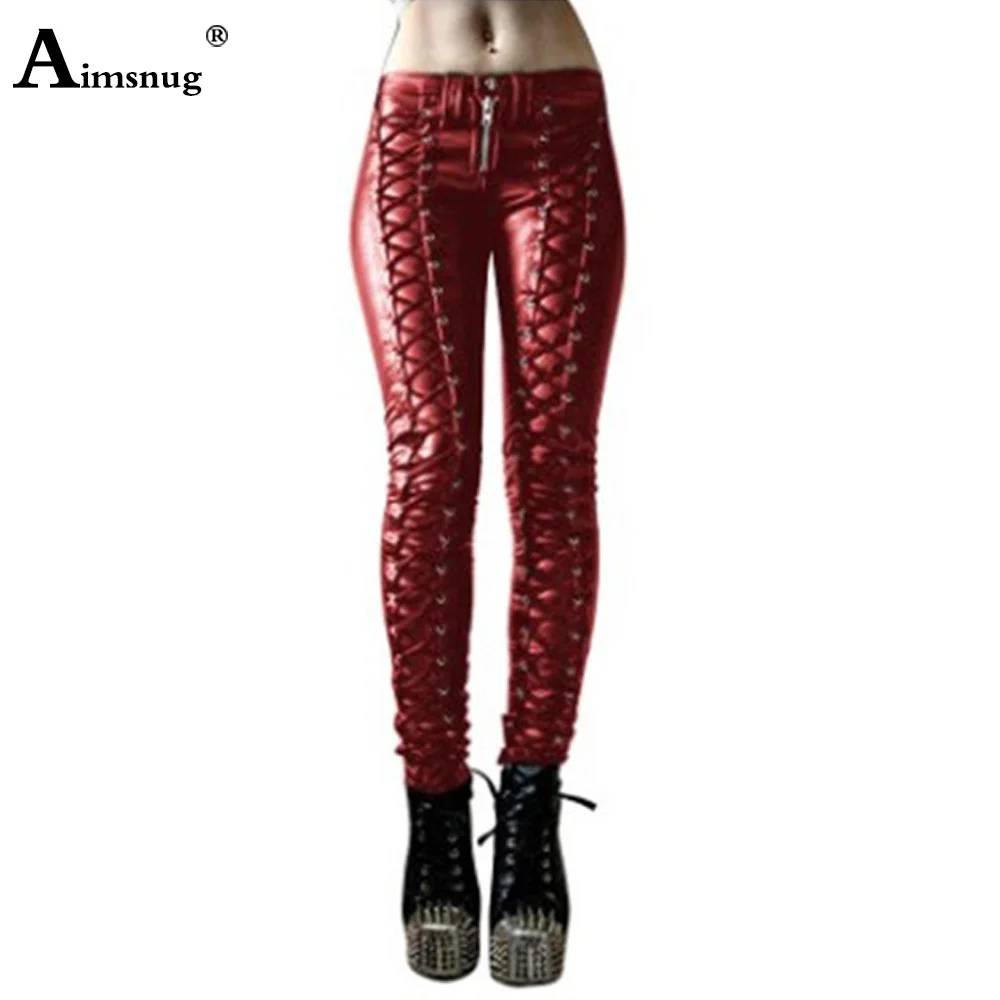 نساء أزياء من الدانتل متابعة بولي بنطال بنطال جلدي أنثى سستة جيوب بنطلون بنات عالية قطع سروال شكل قلم رصاص أحمر ناعم فو الجلود بانت جديد