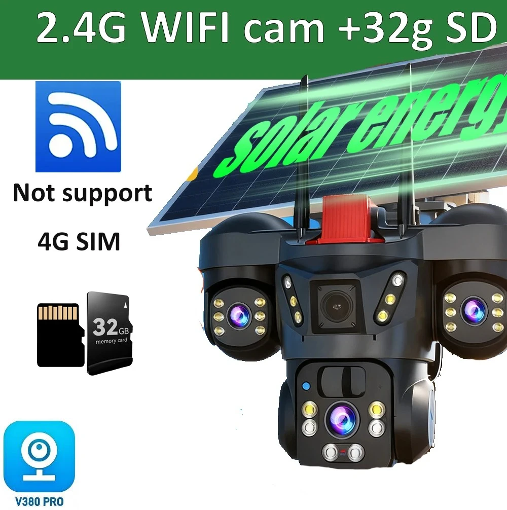 8K 15MP Draadloze WiFi Solar Camera Drie Lens Drie Scherm 4G Sim-kaart Solar Cam Menselijke detectie Outdoor Solar Surveillance V380 Zonne-energie Bewakingscamera Buiten, Solar CCTV Camera met