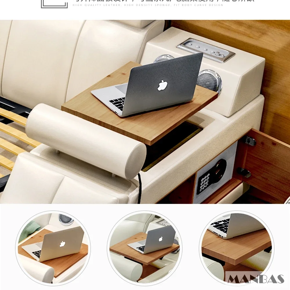 Linlamlim Tech Smart łóżko z prawdziwej skóry | Wielofunkcyjne najlepsze łóżka | Łóżko do masażu Tatami z głośnikiem, USB | Tapicerowane
