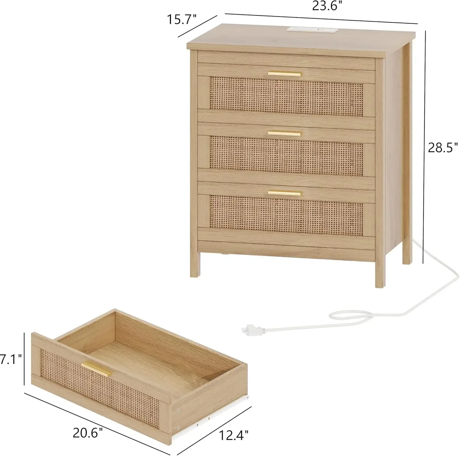 Natural Boho Rattan Nightstand Bedside Table End Table With Charging Station Three Drawers Metal Handles