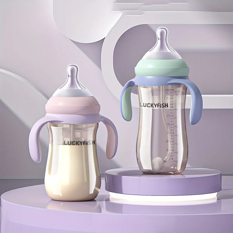 Children's Milk Bottle Set with Handle Straw And Balancer 2pcs/1pc Wide Mouth Design Easy Grip And Clean for Kids