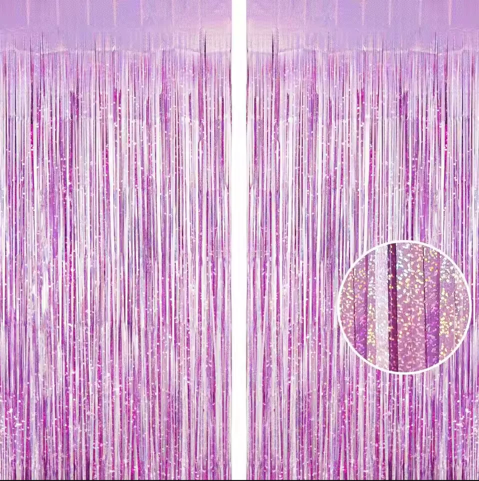 2pcs 1*2M Holographic Purple Foil Fringe Curtain Tinsel Backdrop for Birthday Wedding Party Photo Booth Decorations Supplies