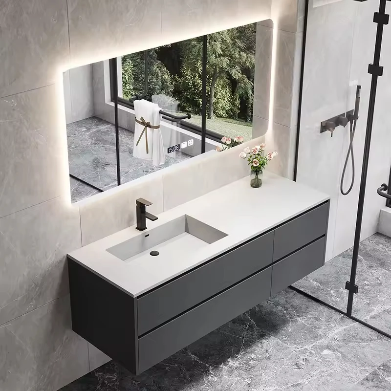 

Modern Design Bathroom Cabinet Factory Wholesale LED Mirror Bathroom Vanity with Seamless Sink and Ceramic Basin