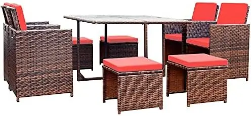 

Devoko 9 Pieces Patio Dining Sets Outdoor Space Saving Rattan Chairs Glass Table Patio Furniture Sets Cushioned Seating Red