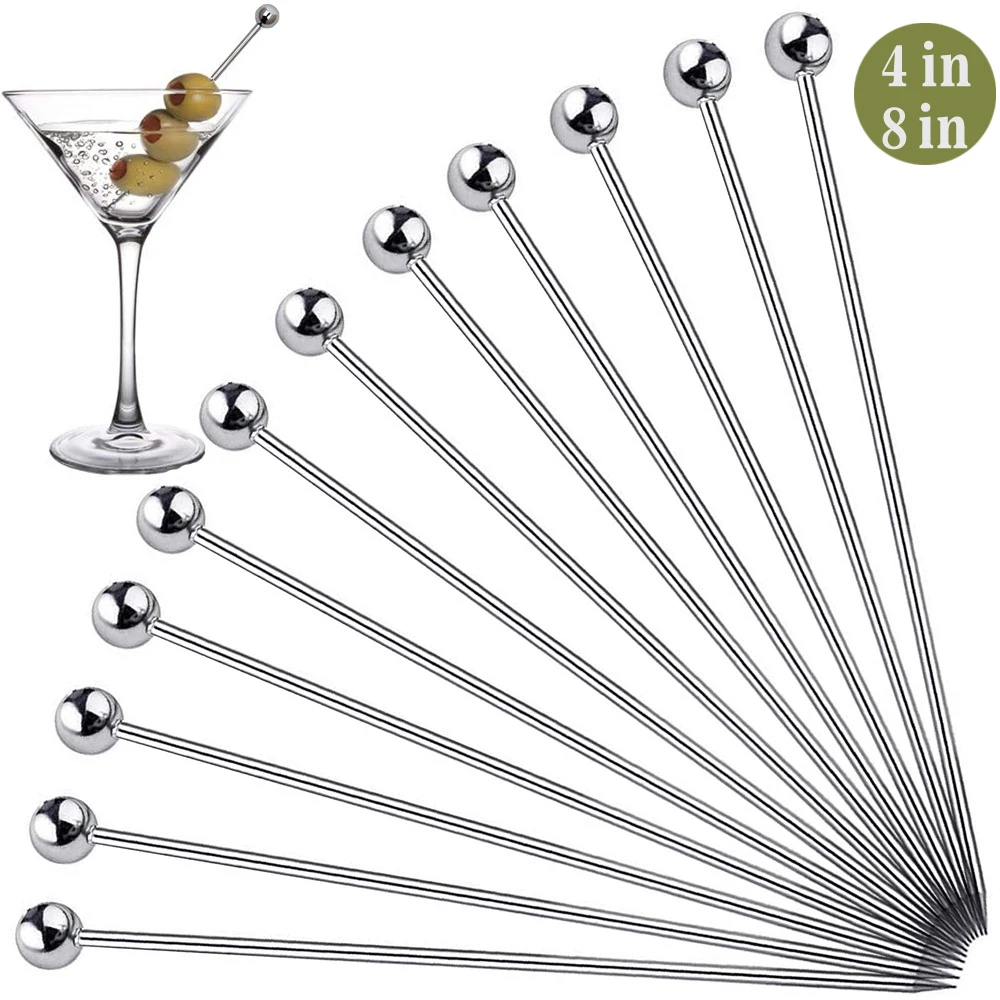 12Pcs Stainless Steel Cocktail Picks Bar Tools Drink Stirring Sticks Drinks Decoration Reusable Fruit Sticks Cocktail Picks