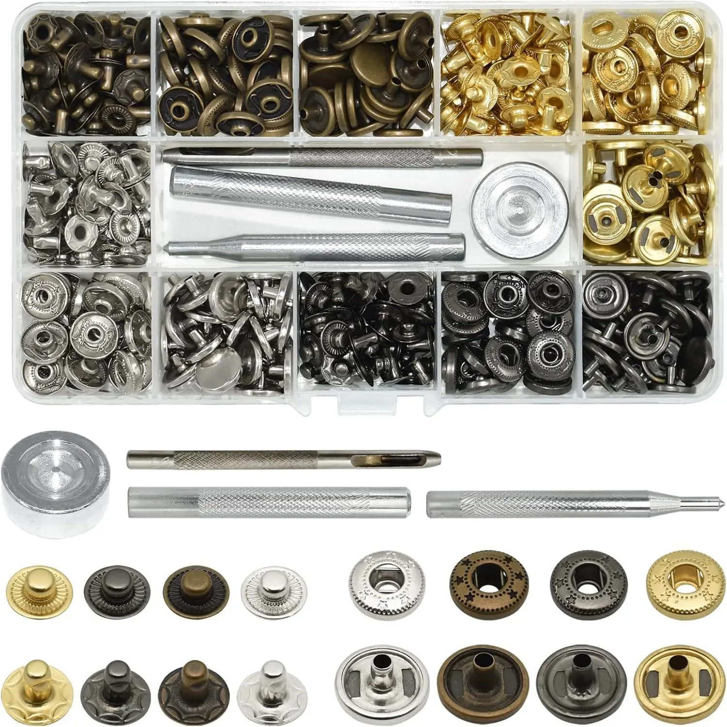100 Sets de Broches Metálicos de Presión de 12.5mm con Herramienta, Kit Surtido para Reparación de Bolsos de Cuero y Chaquetas
