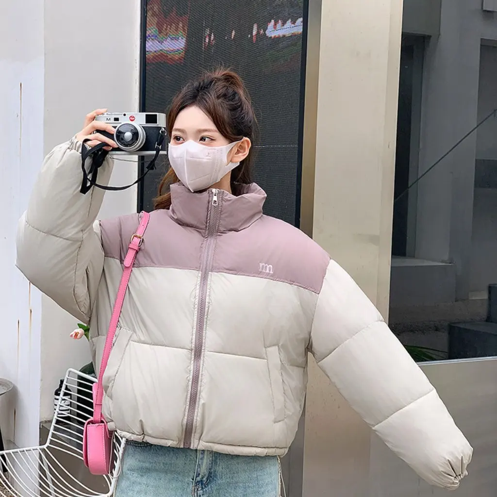 レディース厚手綿入りコートショート丈冬韓国風ゆったりフィット配色襟パンコート