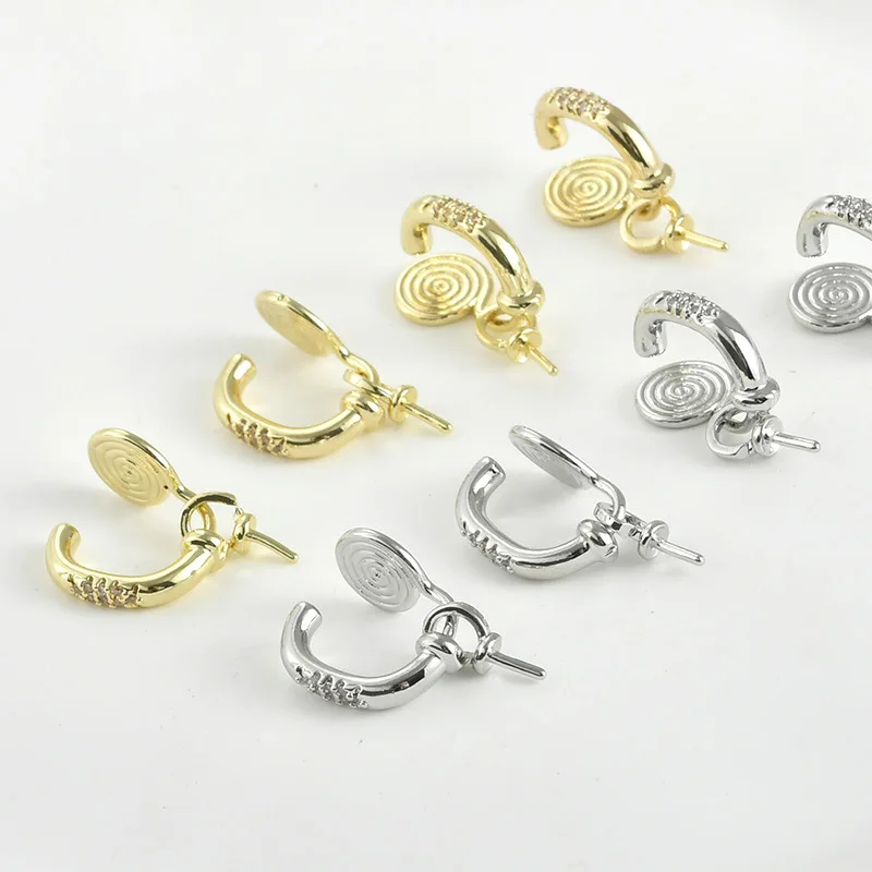 14k Electroplated Gold Color Mosquito Coil Disc U-shaped Inlaid Zircon with Pearl Hat, Ear Clip DIY Handmade Jewelry Accessories