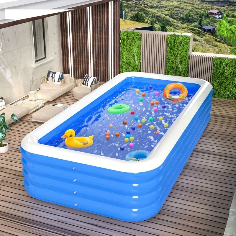 Full-Sized Inflatable Swimming Pool - 145x73x28 inch, 4-Ring Thick PVC Rectangular Pool with Multiple Components,Indoor/Outdoor