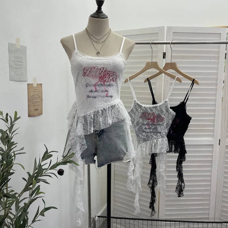 ISAROSE Summer Lace Camisole for Women Square Collar Asymmetrical Irregular Ruffle Adjustable Straps Camis Tops Casual Clothing