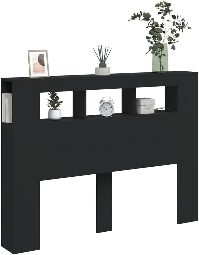 لوح رأسي لسرير بحجم كوين، خشب أسود هندسي، عرض 140 سم، أضواء RGB، مثبتة على الحائط، تخزين She #4