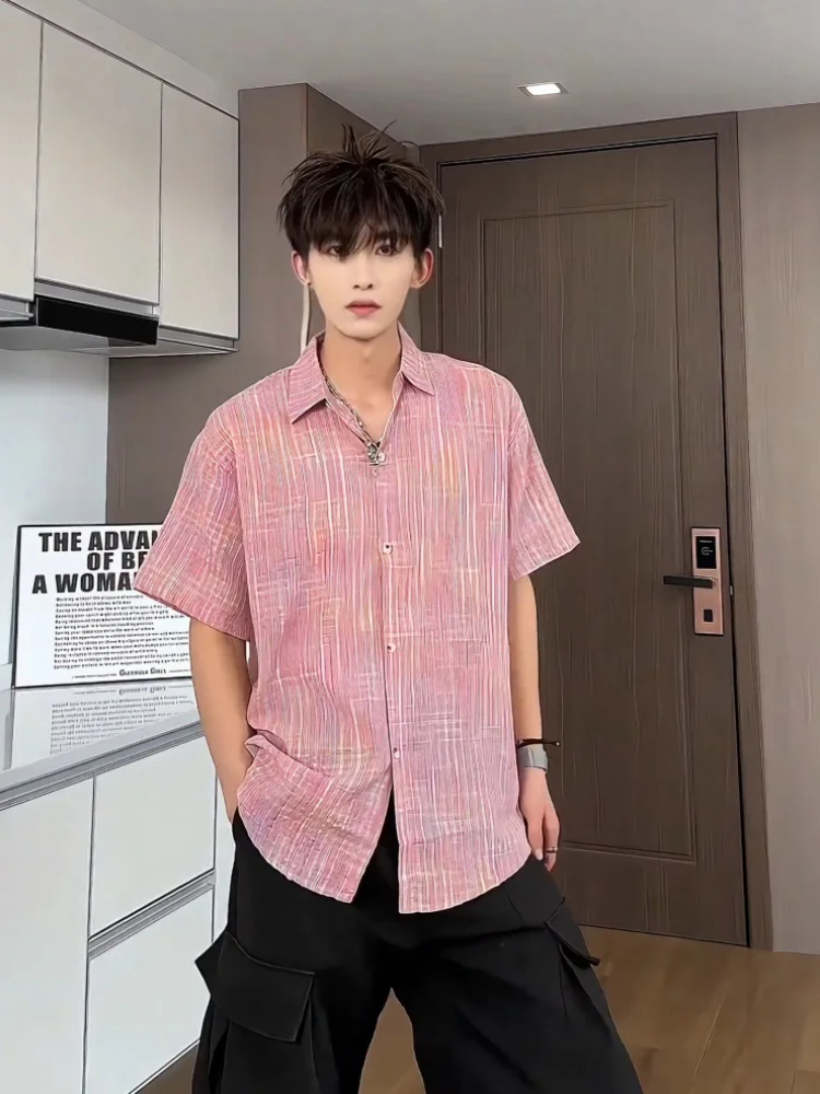 

Pink Plaid Bubble irt Men's Summer Thin Sun Protection Cool Feeling ort Sve American Dopne Couple Outerwear