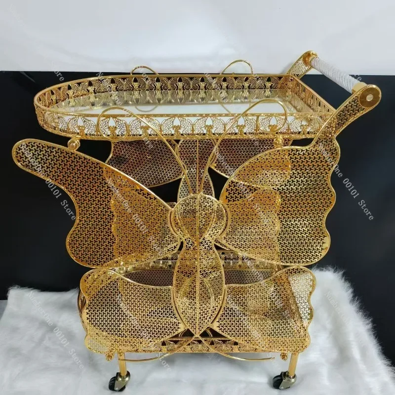 European Style Crystal Column Metal Serving Cart, Three-layer Glass Beverage Trolley for Hotel Wedding Banquet and Event Service