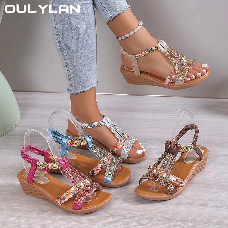 Female Peep Toe Outdoor Beach Shoes 2024 Women Wedge Sandals Summer Bohemia Rhinestones Casual Platform Sandals