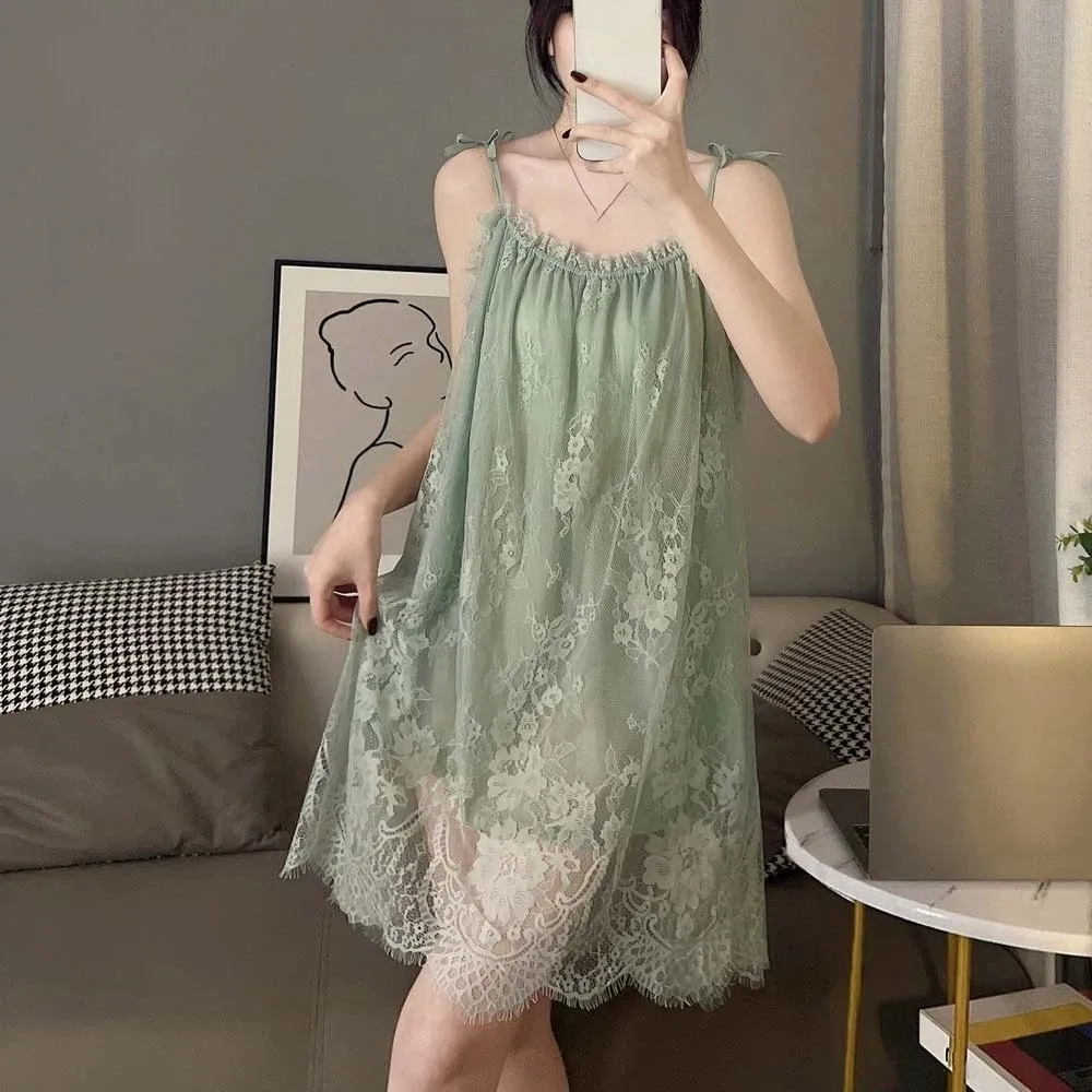 

Fashion Lace Flower Suspender Nightdress Loose Thin Sleep Dress Pajamas Ruffled Edge Female Sleepshirts Home